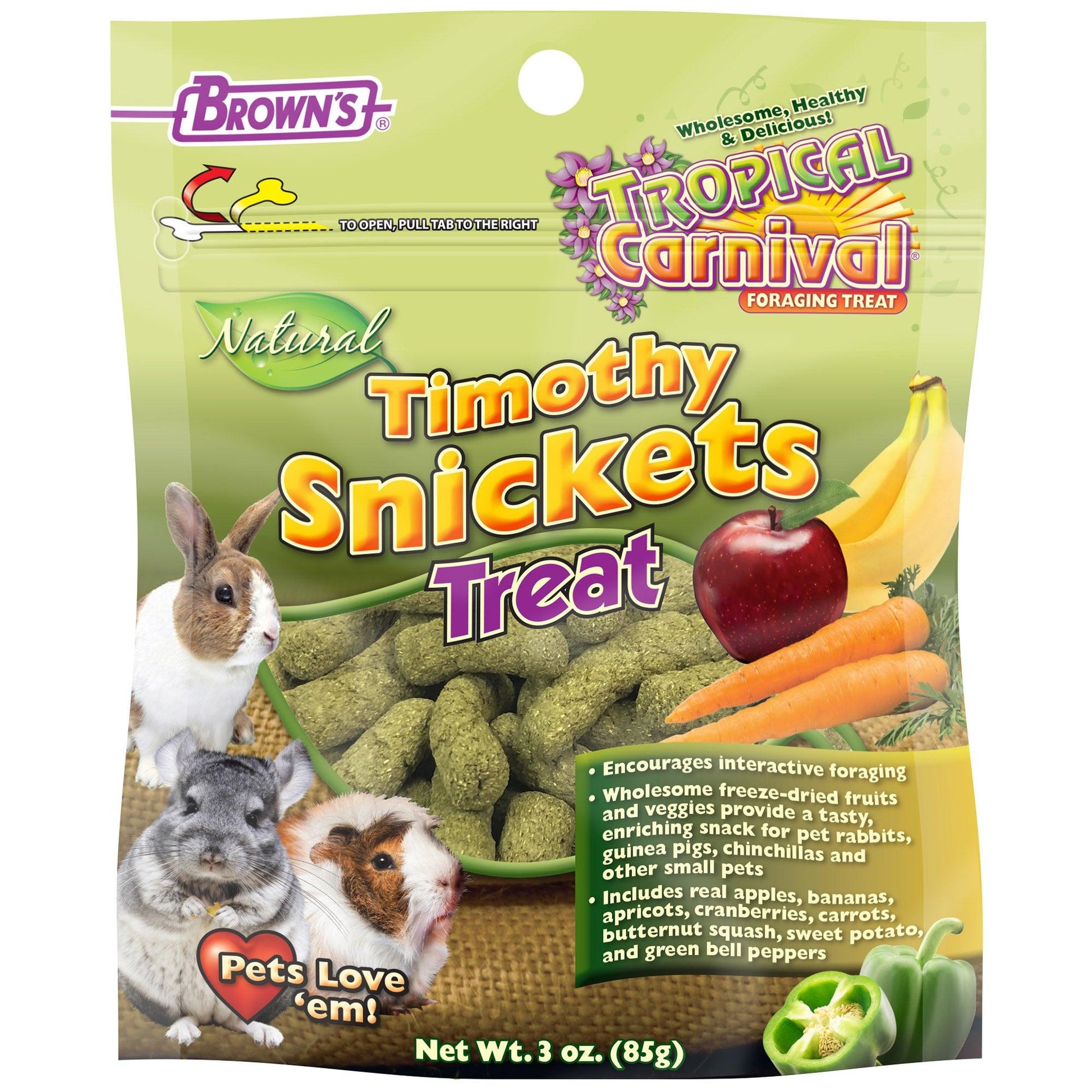 Brown's Tropical Carnival Natural Timothy Snickets Rabbit, Guinea Pig, Chinchilla Treats - 85 g - Small Animal Food Dry - F.M. Bowns Sons Inc. - PetMax Canada