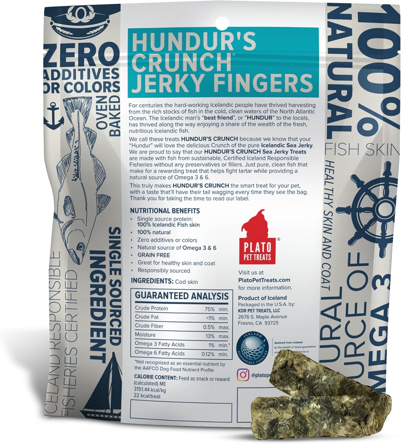 Plato Pet Hundur's Crunch Jerky Fingers Cod Skin