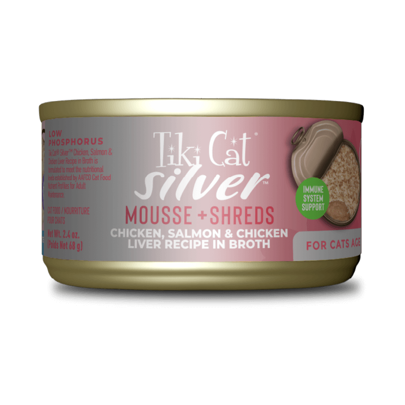 Tiki Cat Can Silver Mousse & Shreds Chicken, Salmon & Chicken Liver In Broth