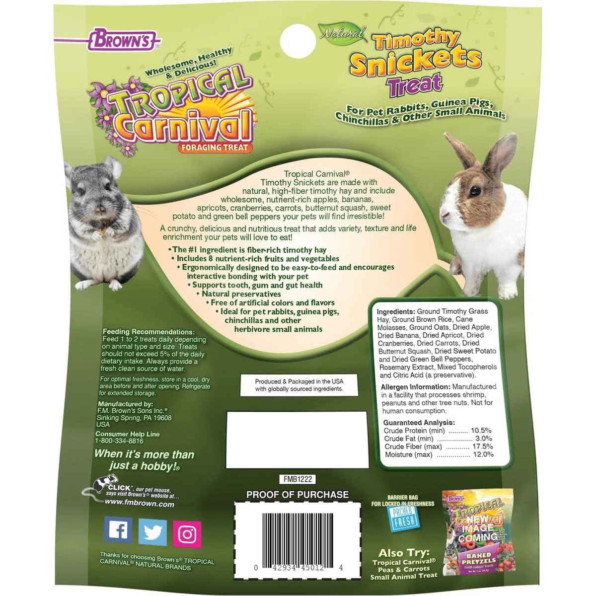 Brown's Tropical Carnival Natural Timothy Snickets Rabbit, Guinea Pig, Chinchilla Treats - 85 g - Small Animal Food Dry - F.M. Bowns Sons Inc. - PetMax Canada