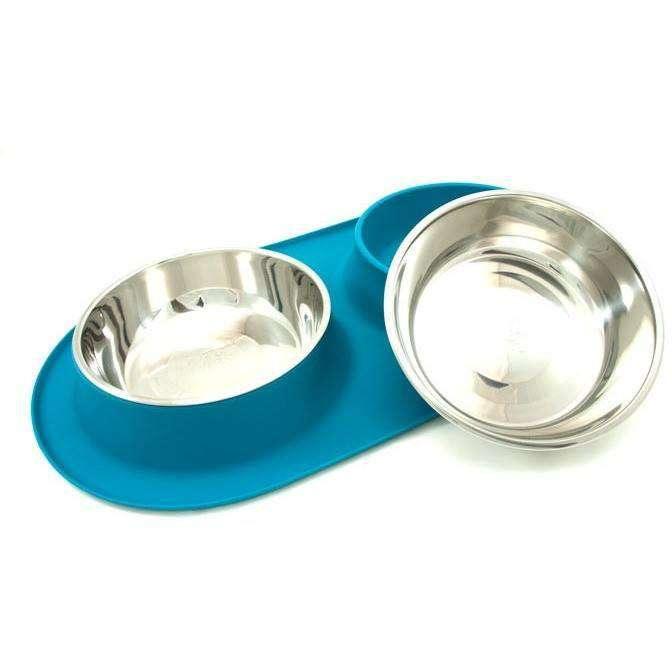 Messy Mutts Silicone Feeder With 2 Stainless Steel Bowls - Medium / Blue - Stainless Steel - Messy Mutt - PetMax Canada