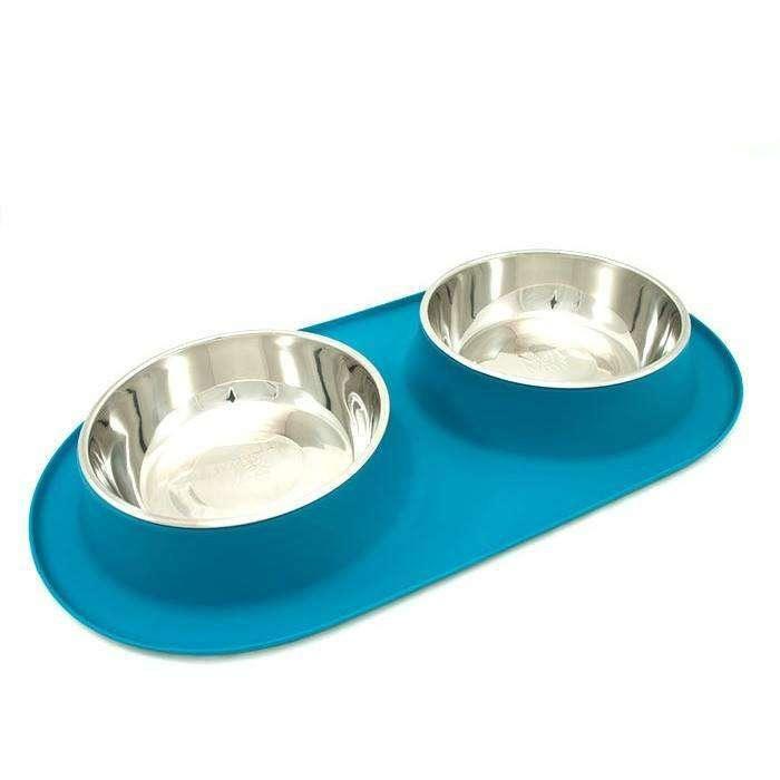 Messy Mutts Silicone Feeder With 2 Stainless Steel Bowls - Medium / Blue - Stainless Steel - Messy Mutt - PetMax Canada