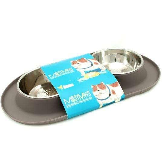 Messy Mutts Silicone Feeder With 2 Stainless Steel Bowls - Medium / Grey - Stainless Steel - Messy Mutt - PetMax Canada