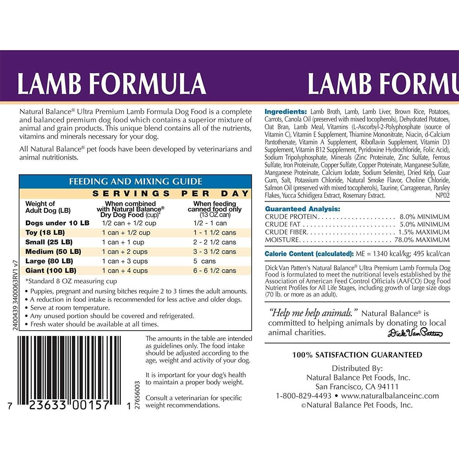 Natural Balance Canned Dog Food Lamb - 396g - Canned Dog Food - Natural Balance - PetMax Canada